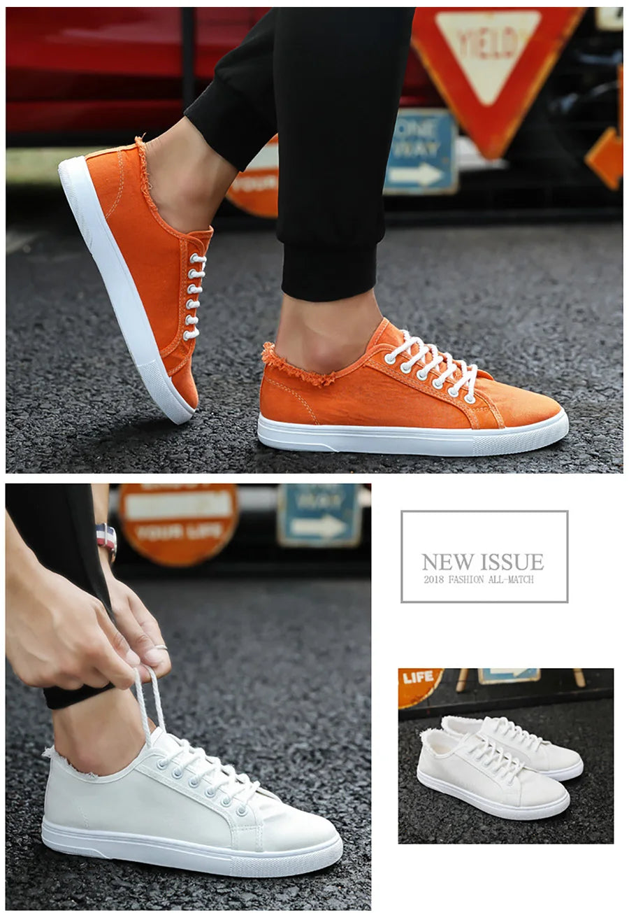 Men's Classic White Sneakers - Casual Canvas Running Shoes